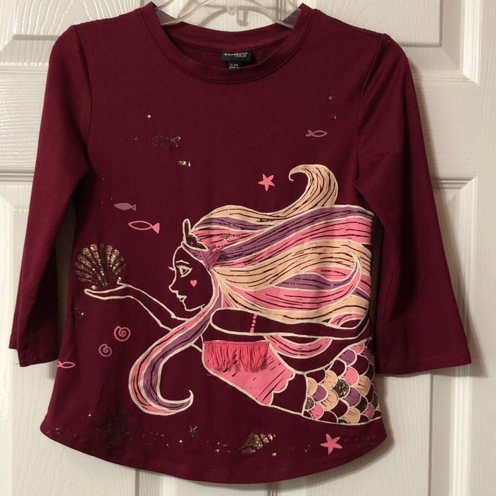 Random Girl Size Small 7/8 Burgundy Mermaid Glitter Long Sleeve Tee
